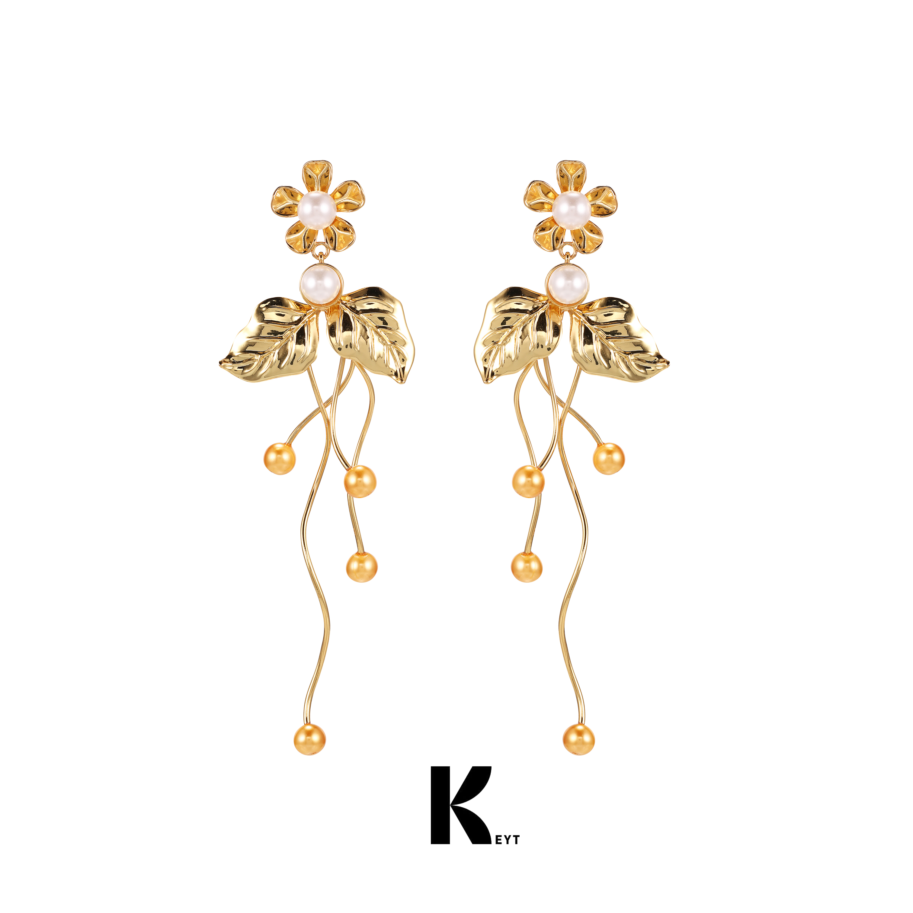 KEYT 铜合金耳饰 金色花朵枝叶气质流苏耳饰【粉丝福利】