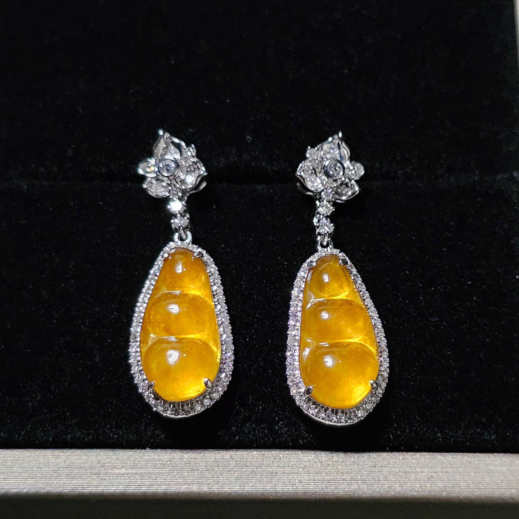 天然翡翠A货高冰黄翡18K金镶嵌伴钻精美精致百搭经典气质轻奢耳饰