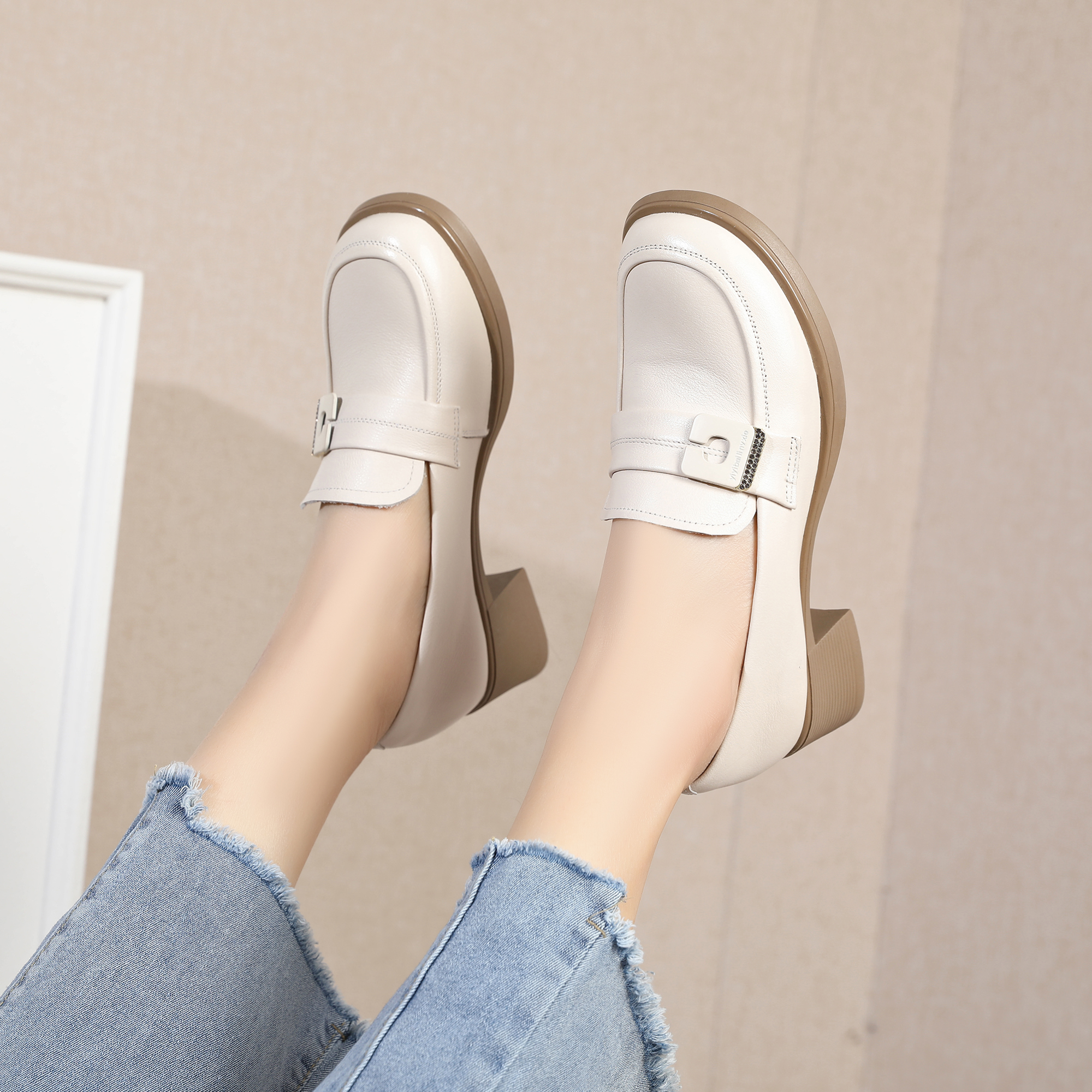 【NO退No换】牛皮真皮圆头单鞋乐福鞋女英伦风小皮鞋一脚蹬粗跟软底