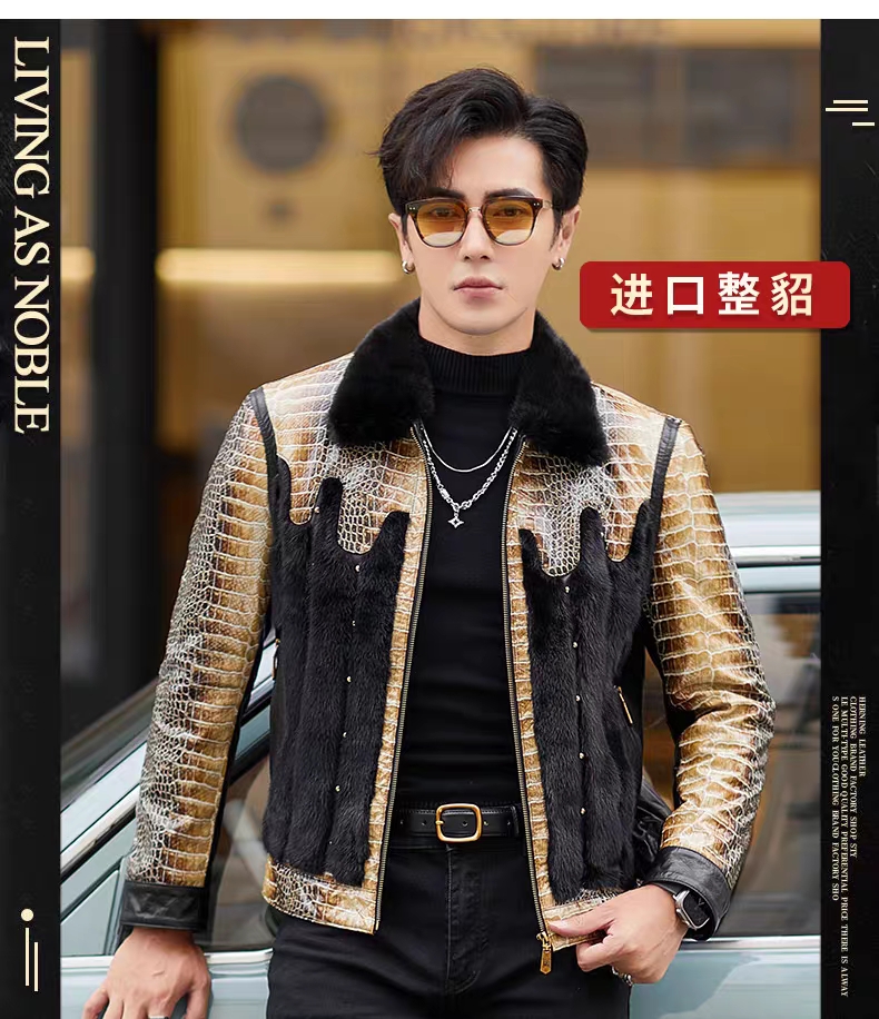 2023新款真皮皮衣男装皮夹克方领羊皮机车服油蜡轻奢潮流休闲外套