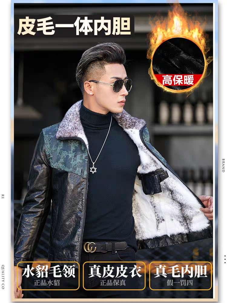 2023新款男士真皮衣修身牛皮貂毛立领油蜡轻奢潮流休闲外套高档