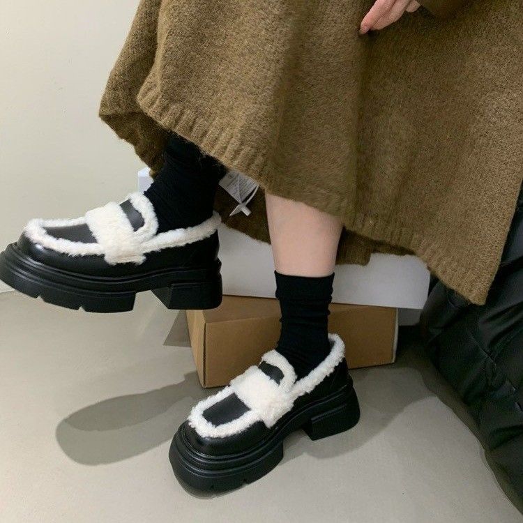 英伦风小皮鞋女2023秋冬新款厚底加绒一脚蹬乐福鞋保暖棉鞋毛毛鞋