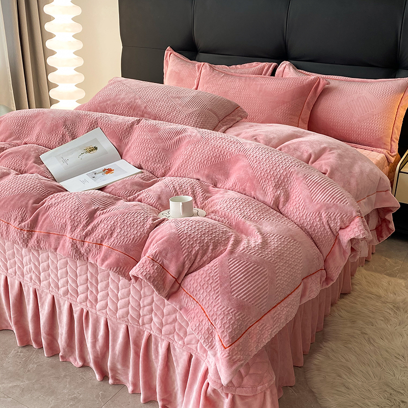 【高端品质】牛奶绒床盖款四件套加厚保暖夹棉床裙防滑床罩纯色被套