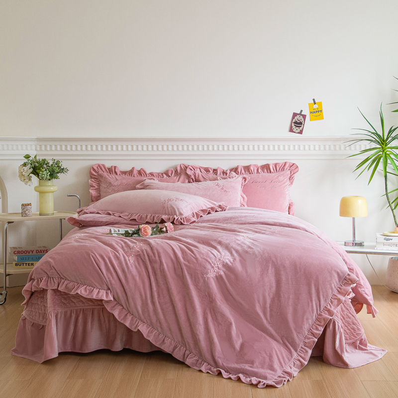 韩版婴儿绒床裙床盖款四件套冬季加厚保暖床上用品夹棉床罩不滑床