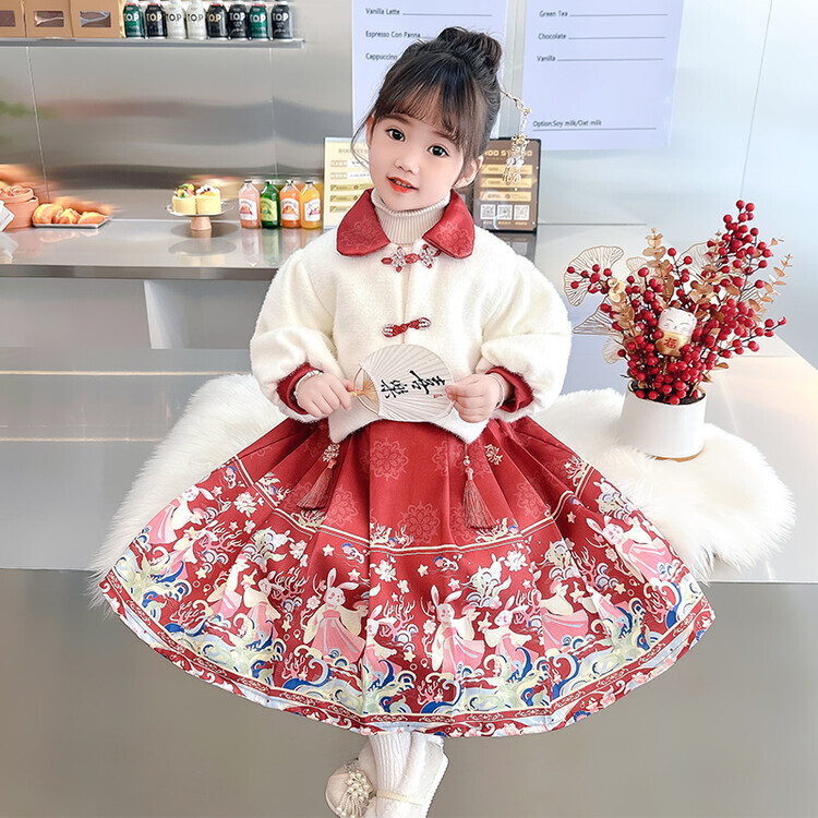 女童套装秋冬2023新款儿童冬季女波浪拜年服中国风汉服连衣裙冬装