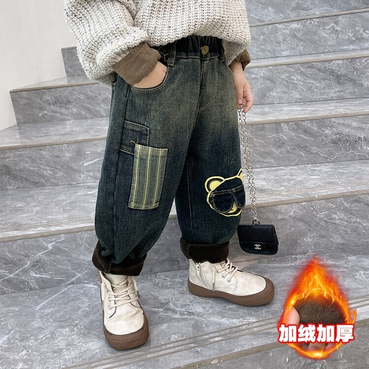 男童加绒裤子秋冬款2023新款潮男孩冬装儿童韩版牛仔裤男宝宝童裤