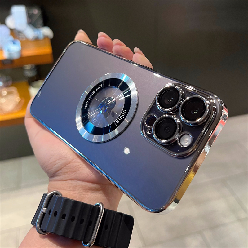 适用苹果iphone15磁吸手机壳14电镀镜头全包13promax透明保护壳