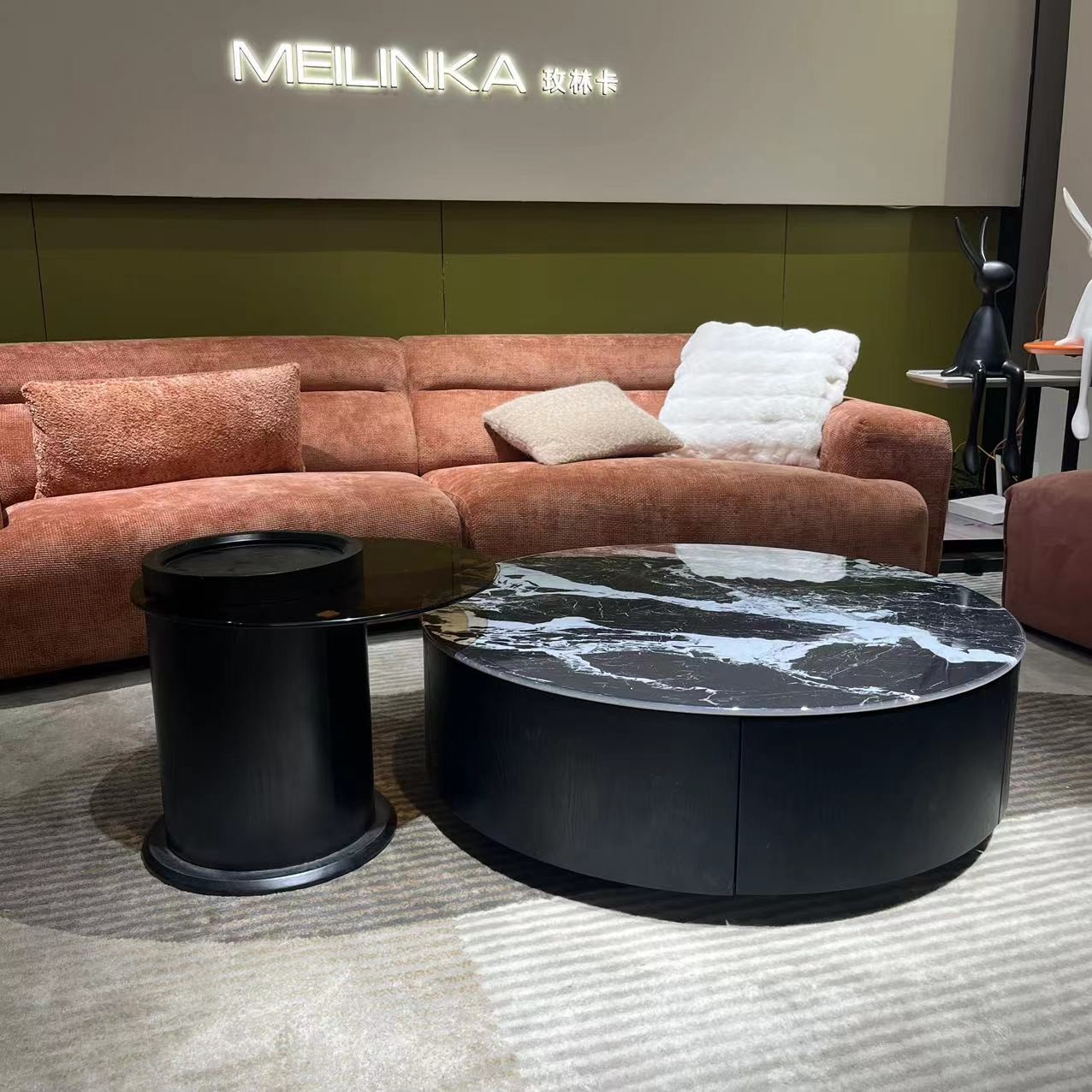 【杏子甄选】意式极简大理石茶几实木柜体圆形组合设计师创意边几