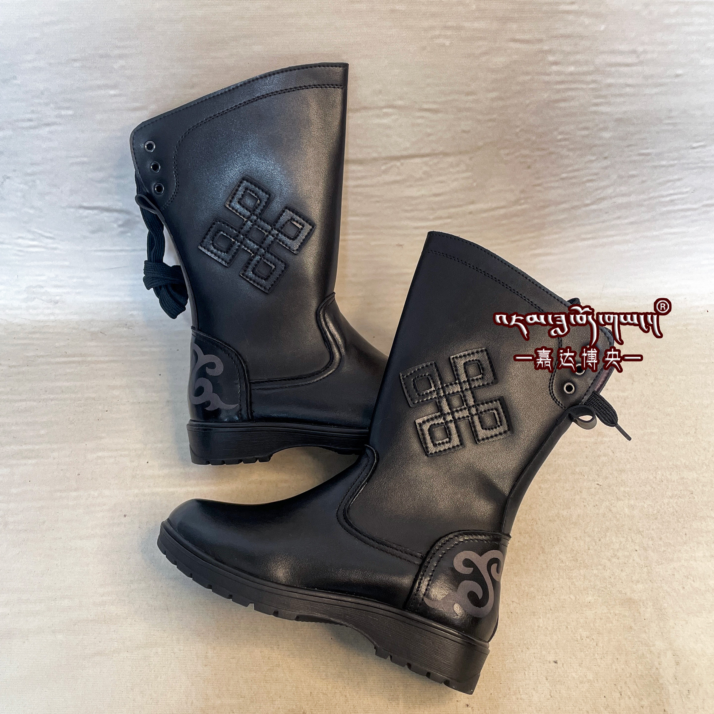 嘉达博央儿童时尚黑色皮靴藏族男孩舞蹈靴藏袍搭配四季百搭靴子