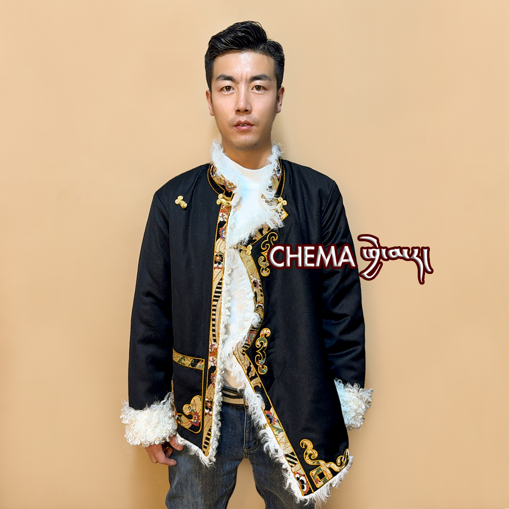 西藏康巴藏装男羊羔毛刺绣花加绒重工外套民族风盘扣棉袄冬季藏服