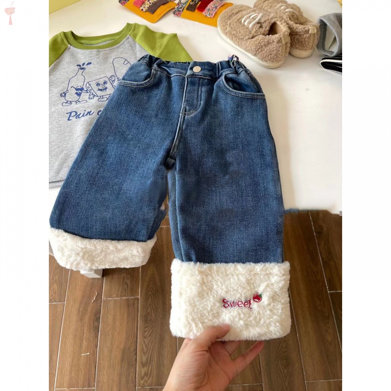 滕华女宝宝裤子儿童刺绣加厚冬装女童加绒牛仔裤新款秋冬潮流裤
