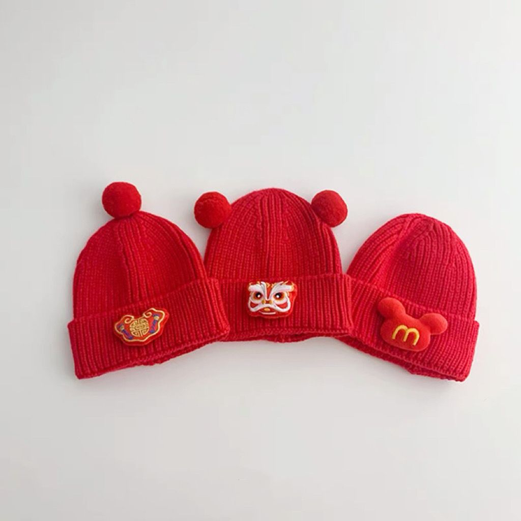 红色宝宝帽子秋冬简约纯色粗毛线帽小月龄婴儿圣诞新年喜庆针织帽