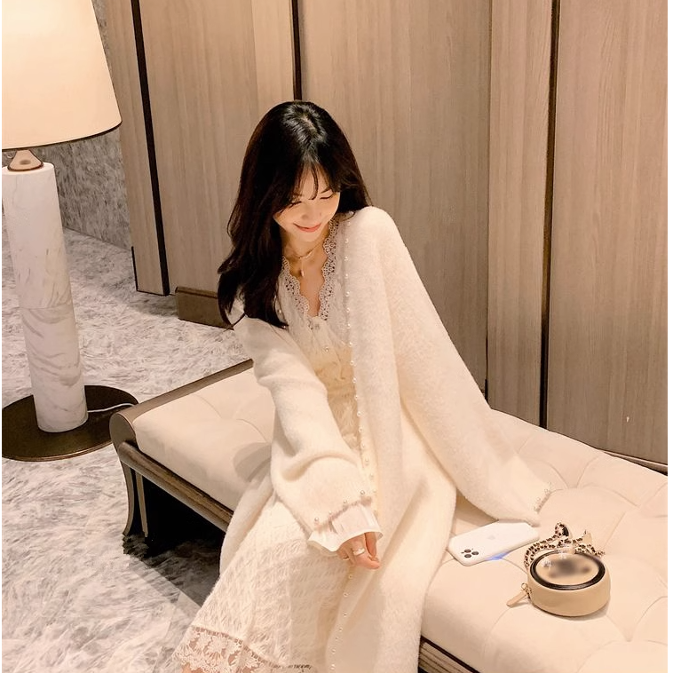 水貂绒开衫女2025新款中长款针织外套钉珠厚高级感过膝慵懒风大衣