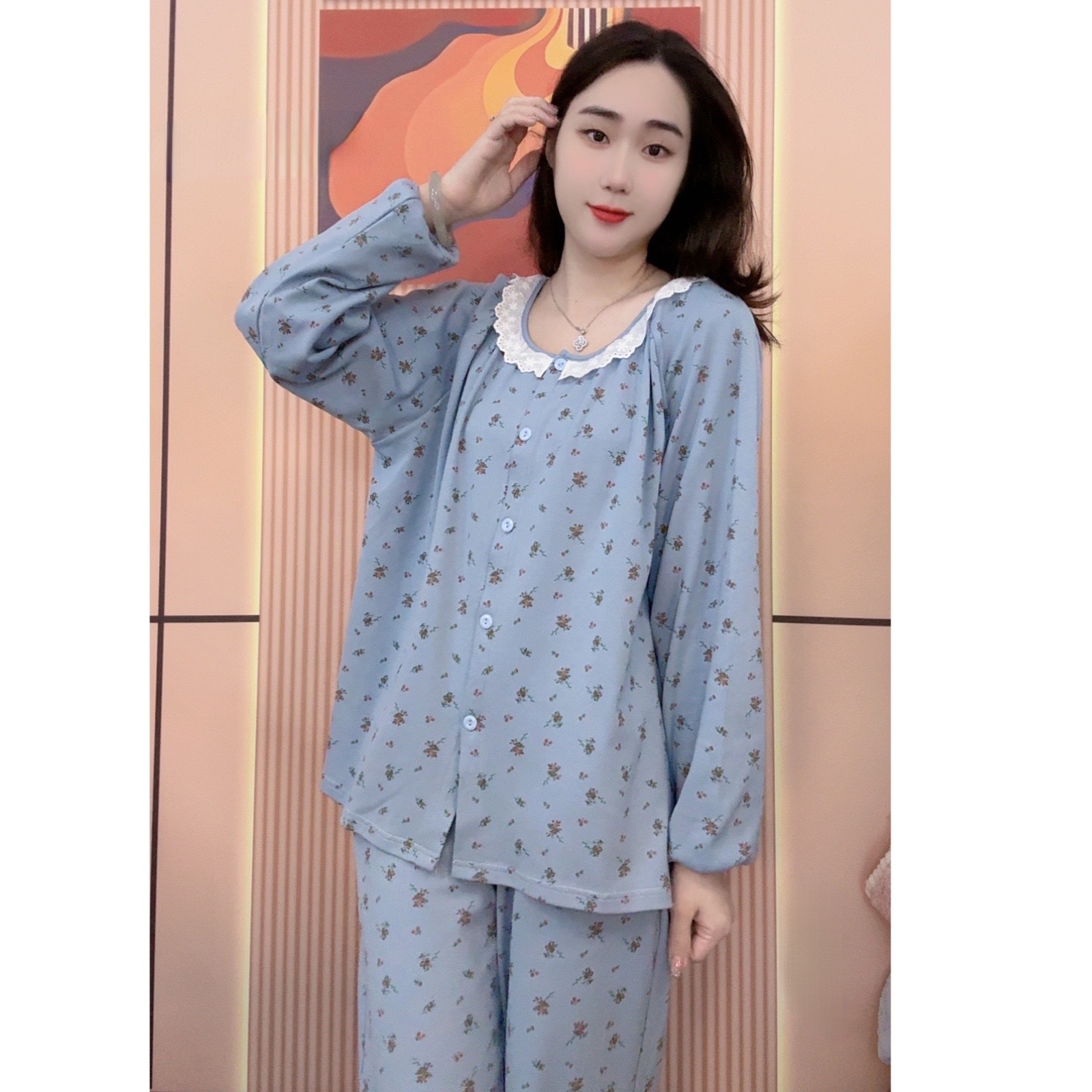 睡衣女冬季新款纯棉长袖长裤韩版甜美休闲家居服套装（蓝色碎花）