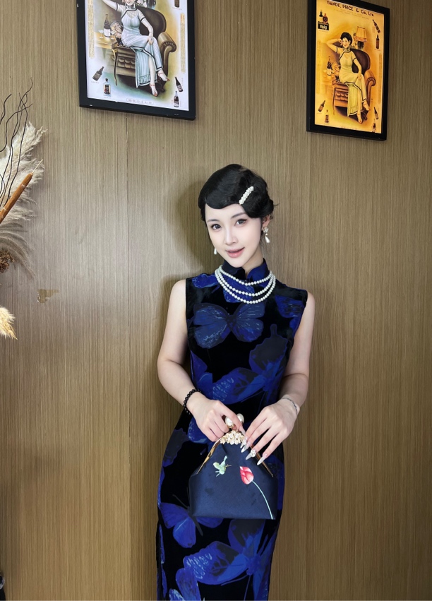 韵西子【篇章蓝梦】复古修身包臀半高领无袖旗袍