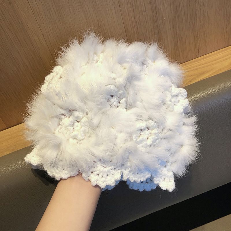 白色仙女毛毛帽手工钩针兔毛帽子女冬季针织帽网红毛绒保暖皮草帽