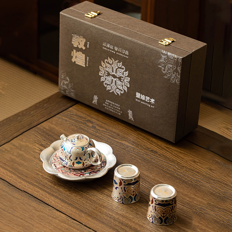 999银壶尼泊尔敦煌艺术国大师陈德生瓷胎包银高档茶具套装