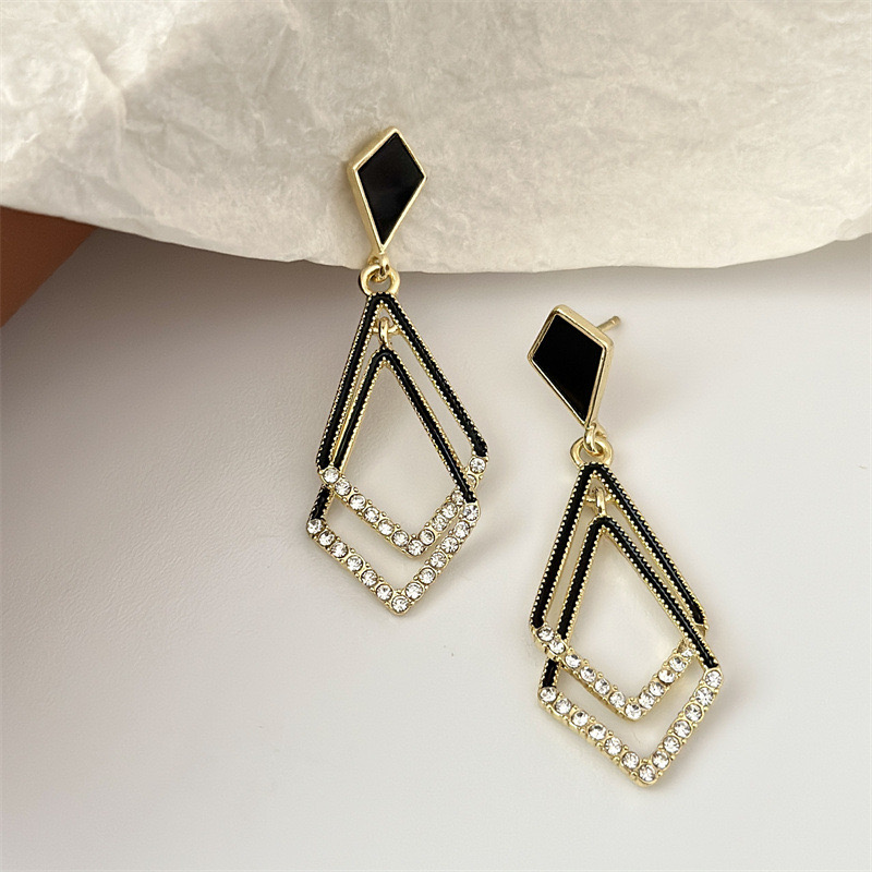 铜合金合成锆石耳饰 菱形高级法式复古显脸瘦耳环N122