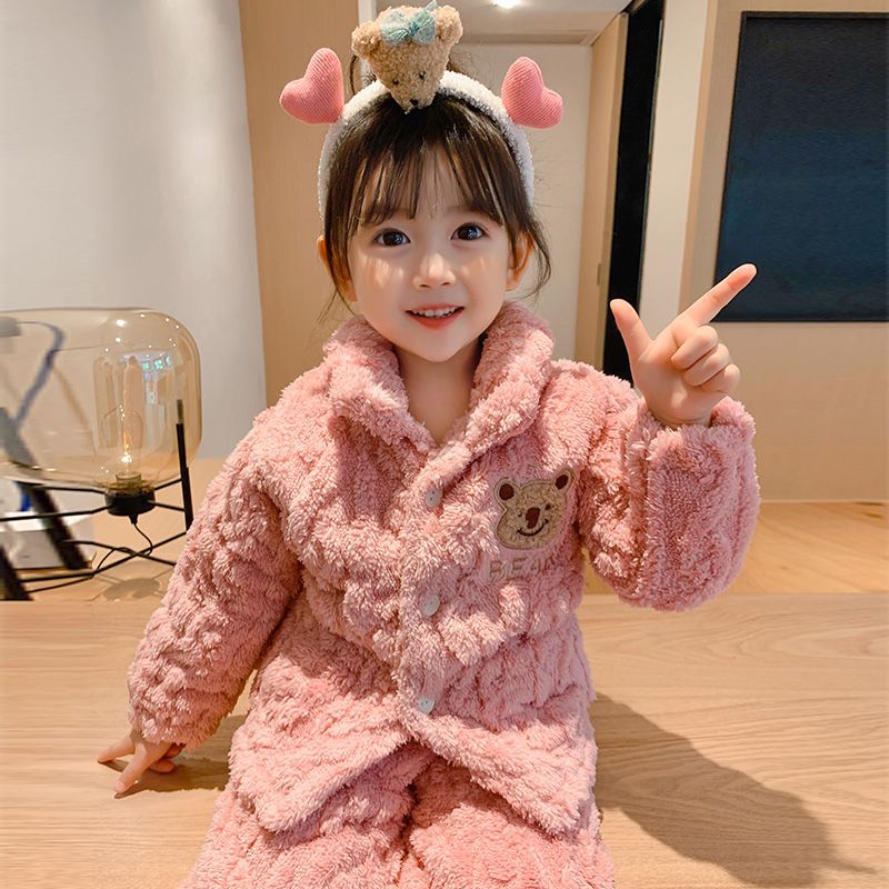 秋冬季中大童珊瑚绒三层夹棉加厚法兰绒儿童睡衣小女孩家居服套装