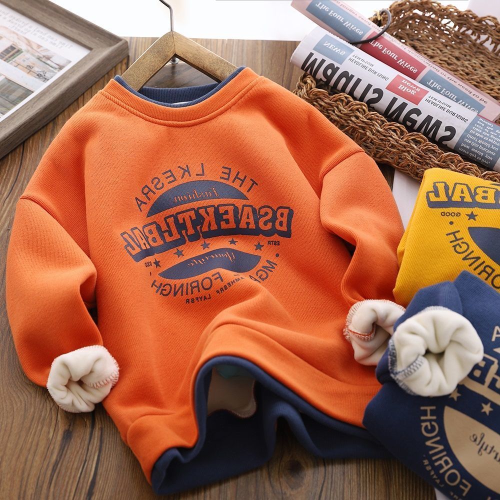 男童加绒加厚卫衣2023秋冬新款儿童休闲中大儿童假两件保暖上衣潮