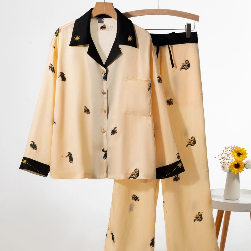 野-SP神奇动物嗅嗅纯天丝长袖长裤高档透气秋夏睡衣女套装时尚