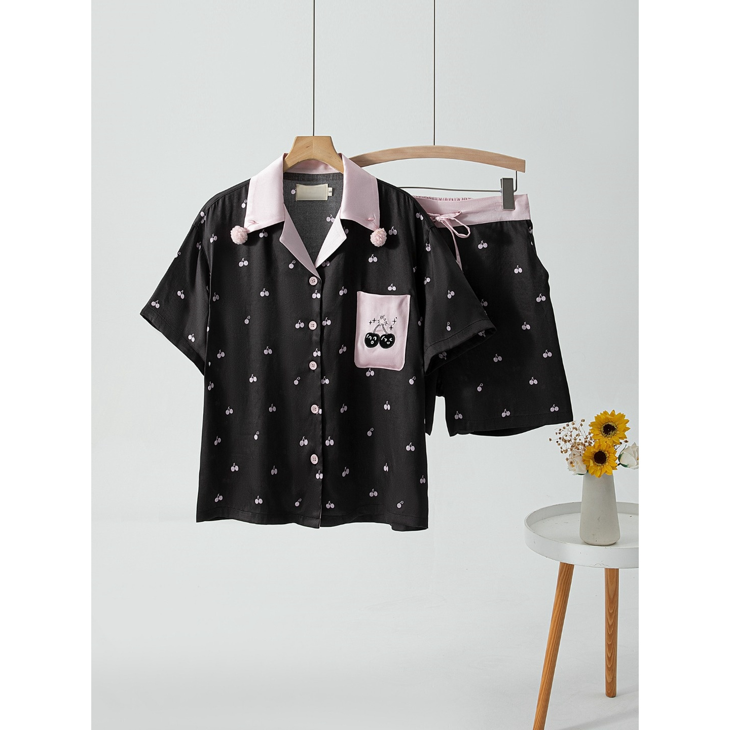 【野-SP】天丝棉短袖短裤加长裤三件套爆炸樱桃家居服可外穿夏睡衣