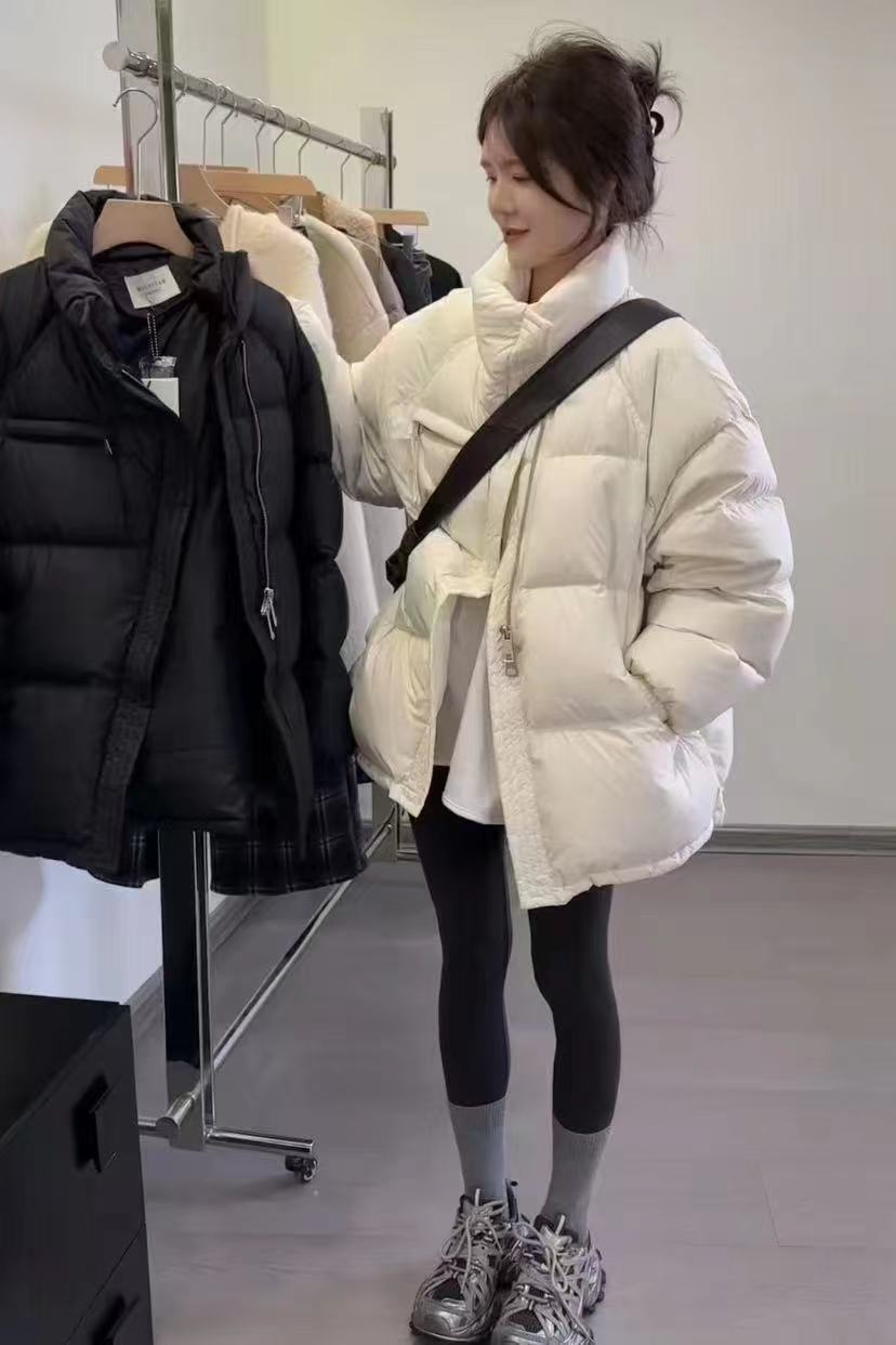 时尚斜拉链设计立领加厚保暖羽绒服洋气新款休闲面包服白鸭绒外套