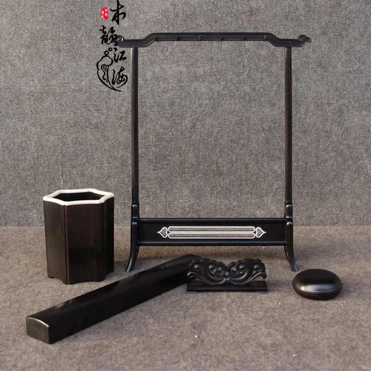 红木毛笔架笔搁书镇笔筒文房四宝 紫光檀毛笔架笔挂套装礼盒笔架