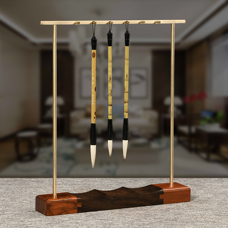 红木毛笔架笔挂 实木质黄铜可拆卸毛笔架子笔挂摆件 文房书法用品