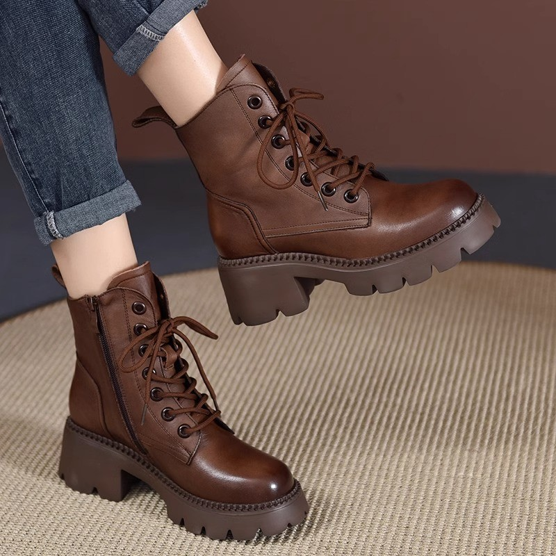 红蜻蜓牌马丁靴女英伦风2023新款舒适真皮粗跟高跟中筒靴机车靴女