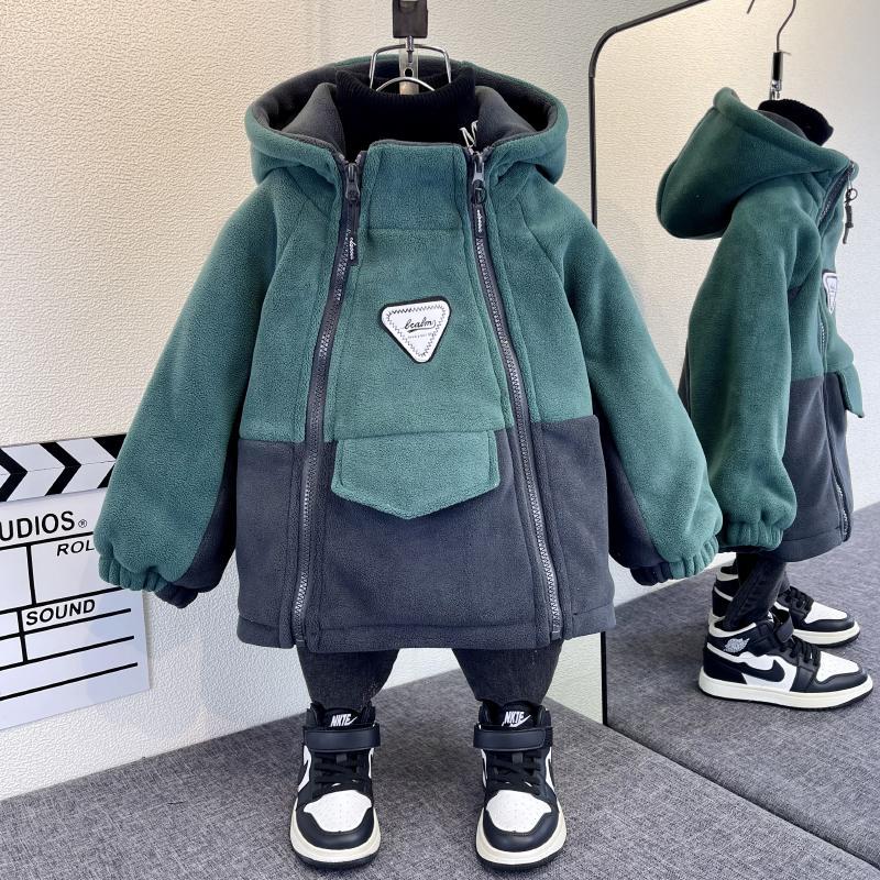男童秋冬摇粒绒外套2023新款儿童加厚衣服洋气宝宝冬装连帽棉袄潮