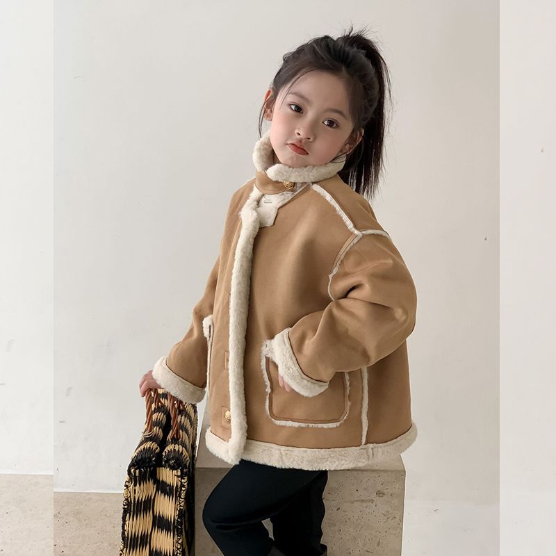 女童外套冬季新款小女孩秋冬外穿加绒鹿皮绒上衣儿童皮毛一体外套