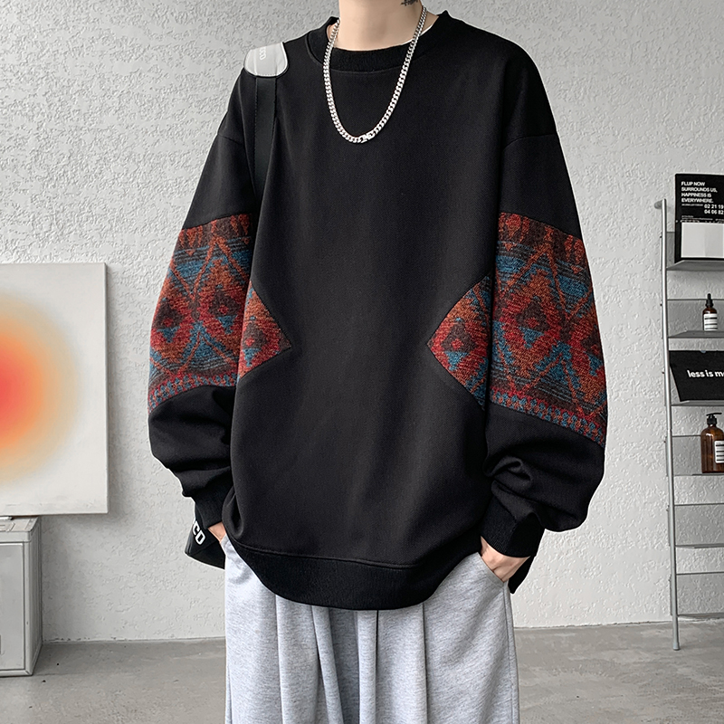 民族风拼接设计卫衣男春秋季潮牌高级感痞帅小众上衣国潮重磅外套