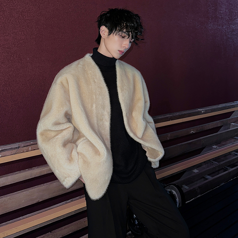 冬季新款美式仿兔毛棉衣男款潮牌宽松棉服高级感加厚保暖毛毛外套