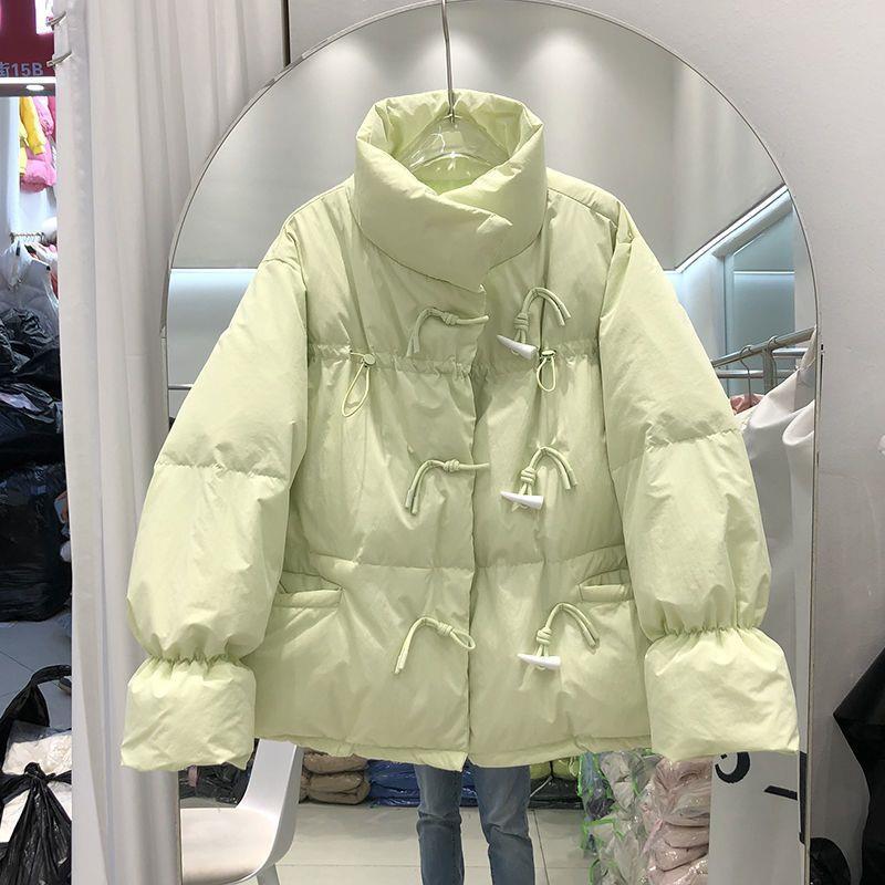 雅鹿抹茶绿牛角扣羽绒棉服女短款2023新款韩版宽松加厚棉衣面包服