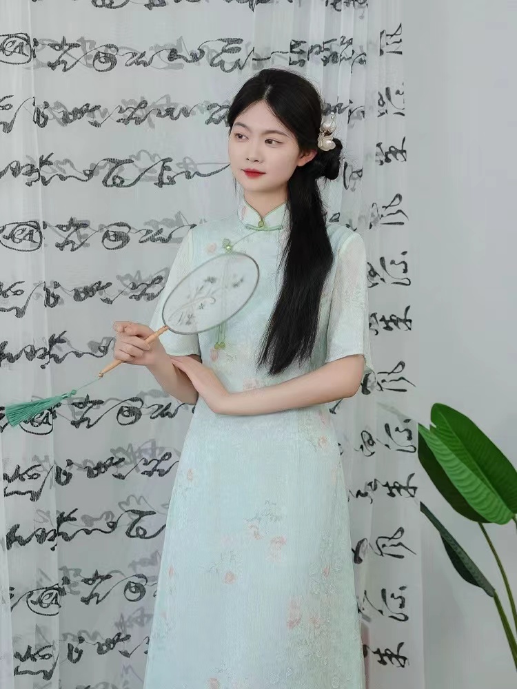 145-米底 绿花 荷叶袖 A版 旗袍【有色差 以实物为主】1