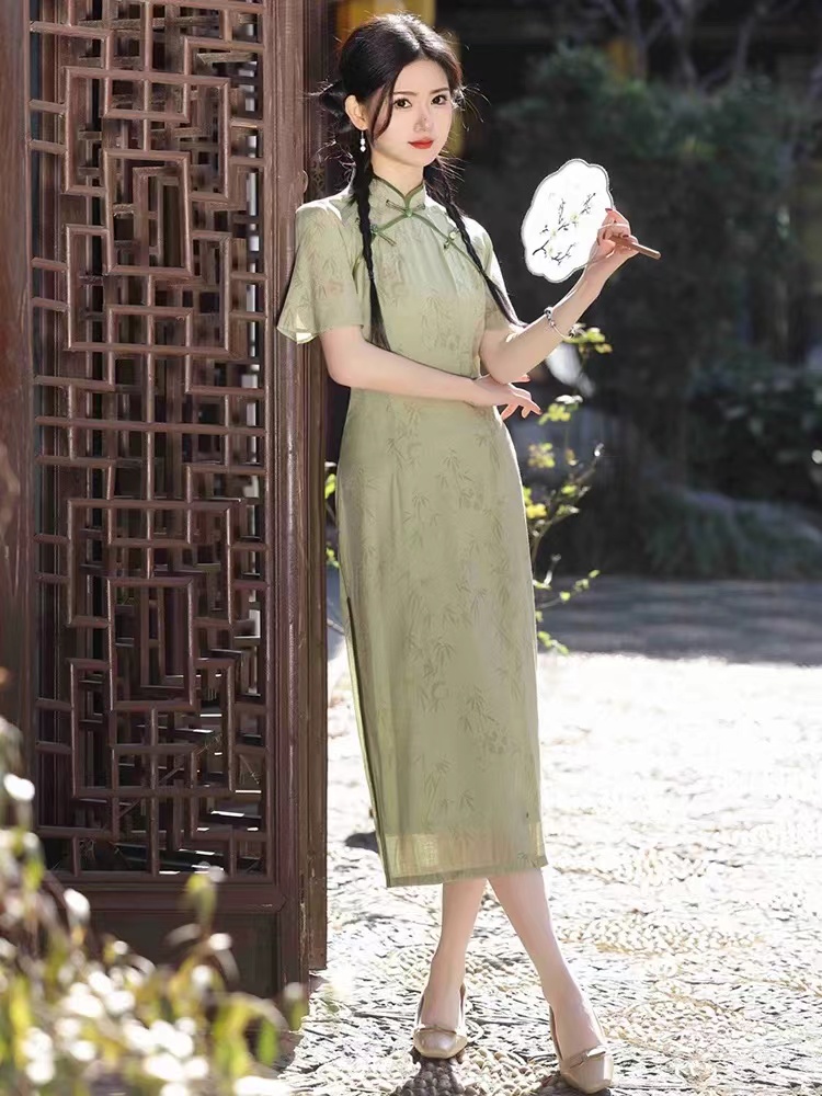 0460-绿色 双襟 熊猫竹叶  旗袍