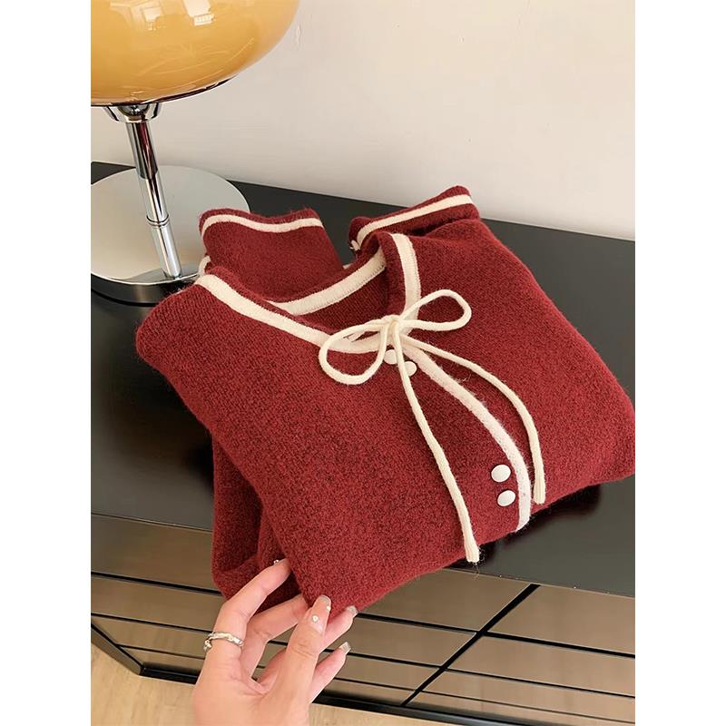 小香风新年红色仿浣熊绒毛衣外套女秋冬新款洋气百搭针织开衫上衣