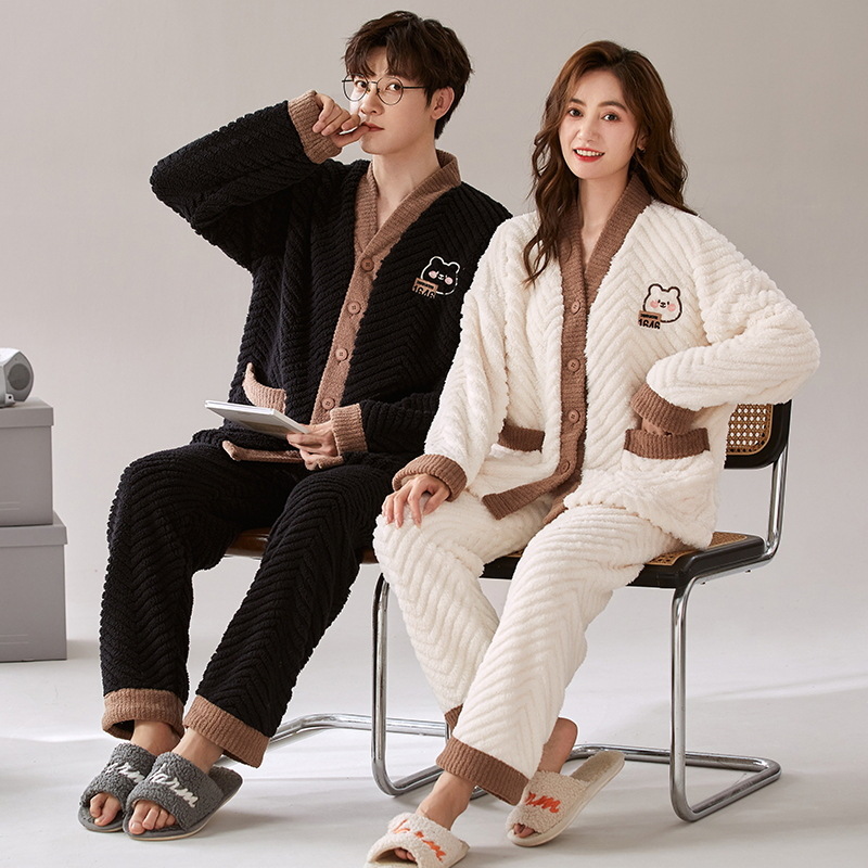 秋冬季法兰绒女睡衣珊瑚绒小香风情侣加绒加厚甜美长袖家居服套装