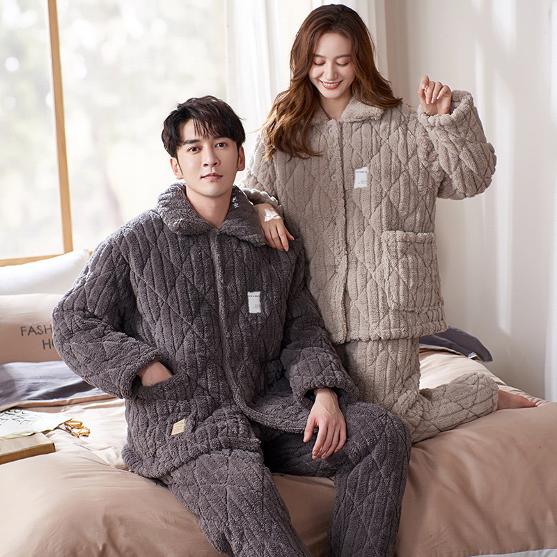 珊瑚绒情侣睡衣女秋冬季款三层夹棉长袖加厚套装男士法兰绒家居服