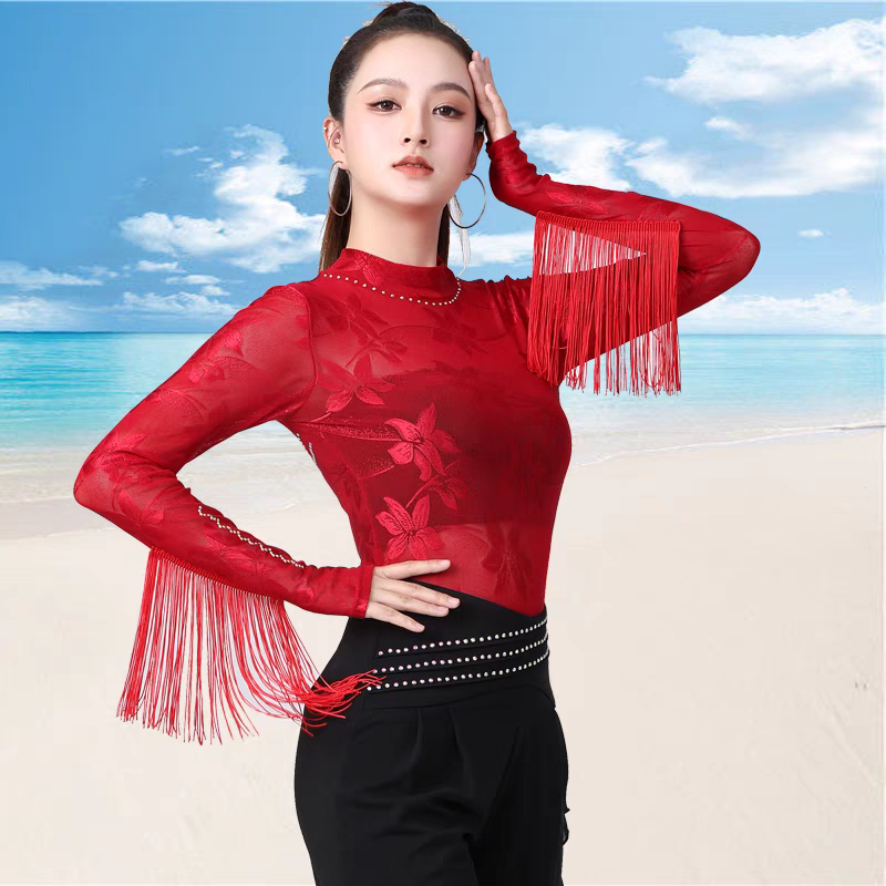 摩登舞上衣2026新款广场舞吉特巴三步踩网纱透视时髦舞上衣