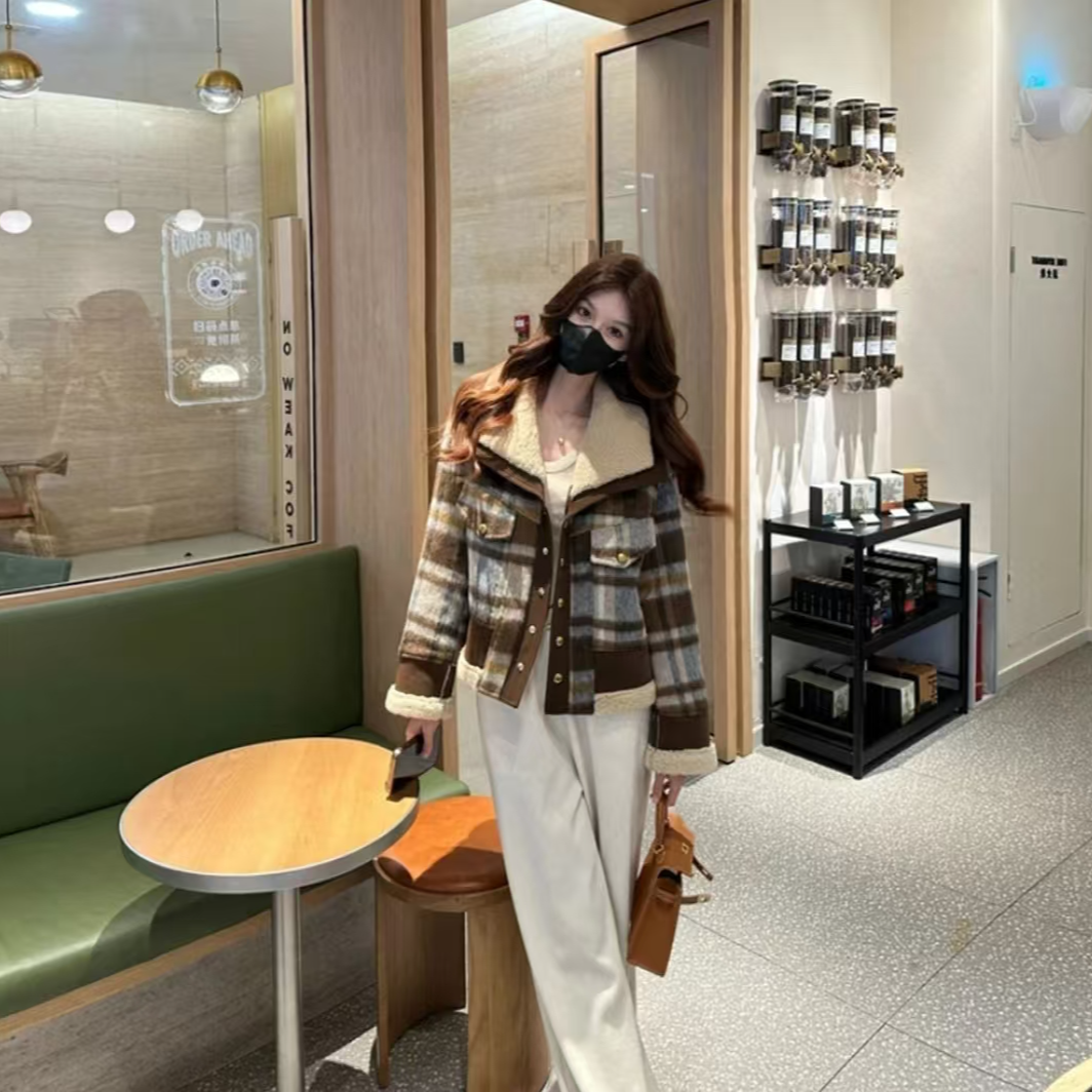 (在仓发货+运费险）冬季新款保暖加厚撞色短外套百搭格纹上衣