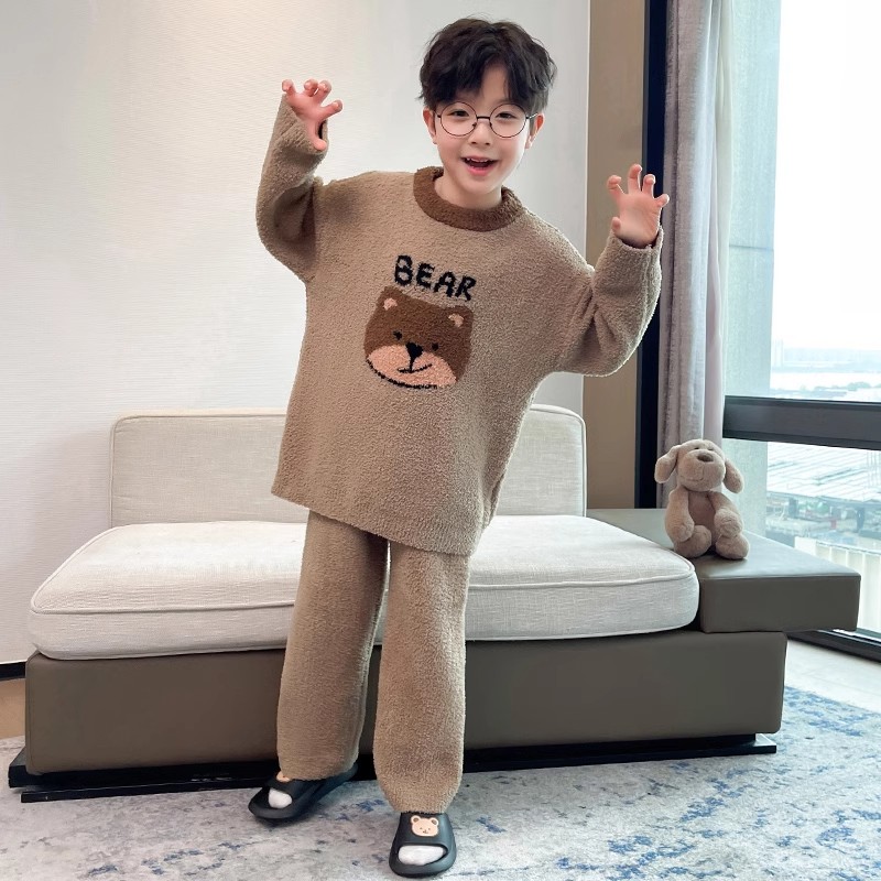 男童半边绒睡衣2024新款中大儿童家居服冬季男孩加绒加厚保暖套装