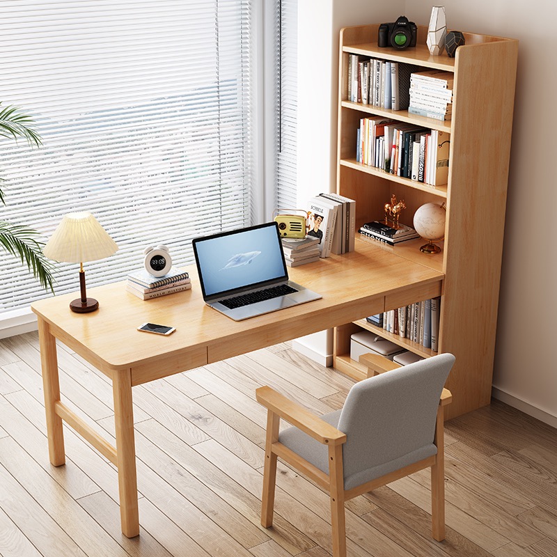 小马特北欧日式写字桌书房双人台式桌写字台转角全实木带书架书桌