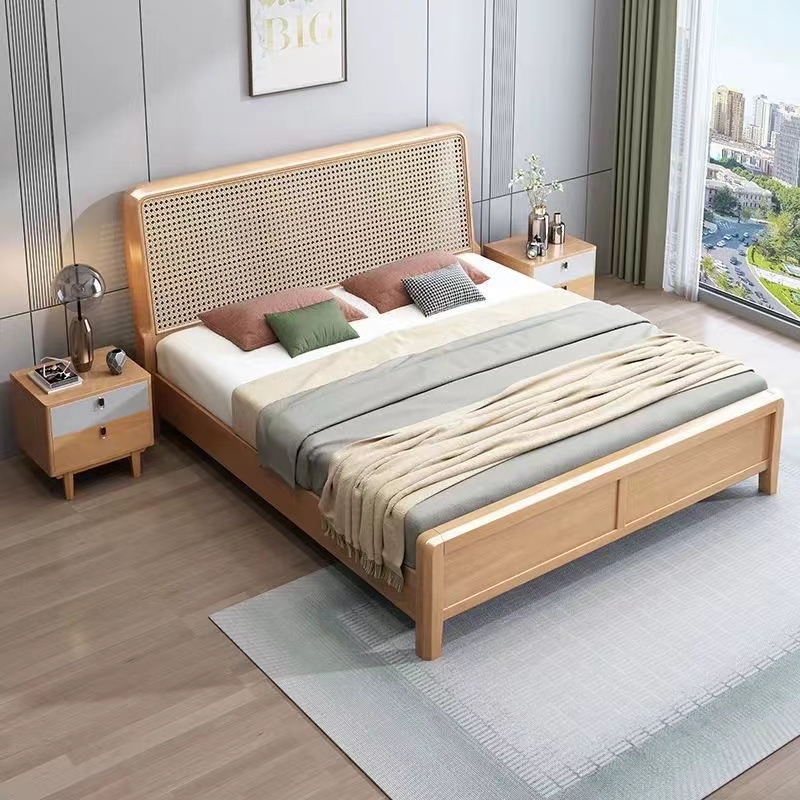 小马特家用简约原木风实木床北欧主卧室双人经济型大床实木藤编床