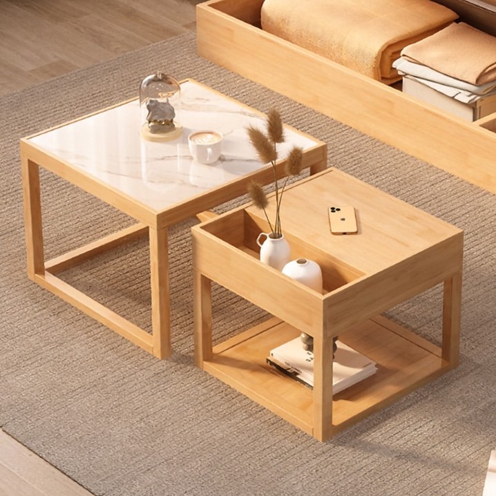 小马特家用简约阳台储物日式客厅原木色泡茶桌岩板实木方形茶几