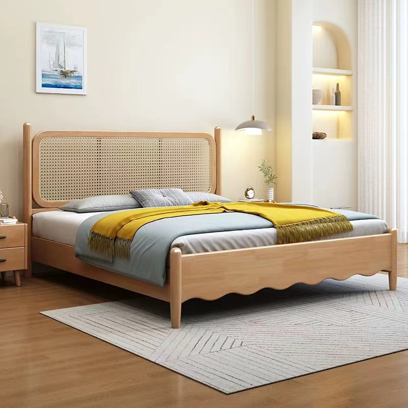 小马特原木实木床原木色大床双人床家用简约婚床中式北欧藤编床