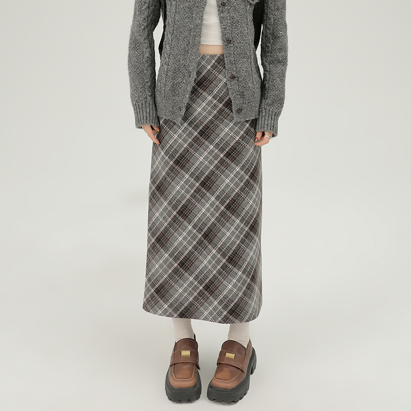 Girlyhalo韩式毛呢格纹a字半身裙女秋冬新款撞色格纹显瘦直筒长裙