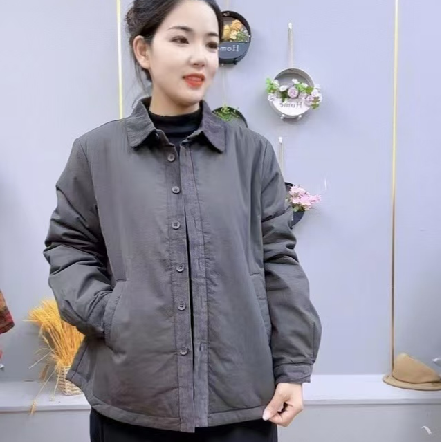 素雅 冬季新款时尚百搭灯芯绒拼接翻领加棉精致显瘦口袋款小棉服 