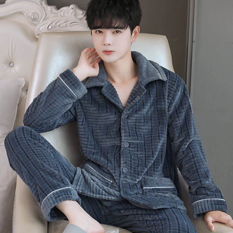珊瑚绒睡衣男款冬季男士长袖法兰绒加厚保暖可外穿冬天家居服套装